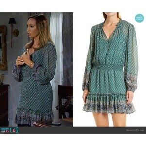 Veronica Beard Size 12 Destiny Smocked Waist V-Neck Seaglass Multi Silk Dress